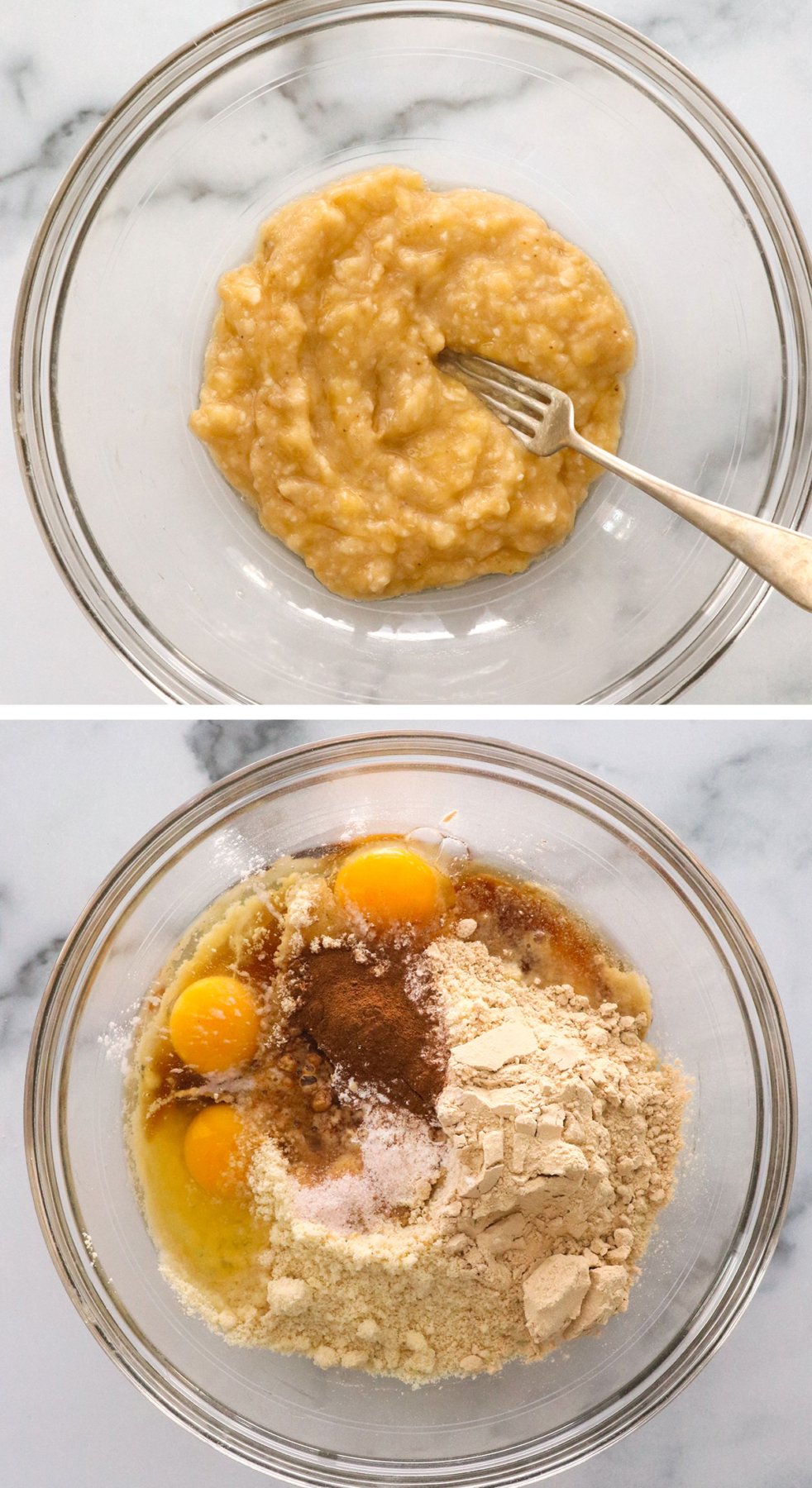 mashed banana in a glass bowl with eggs, protein powder, and almond flour added in. 