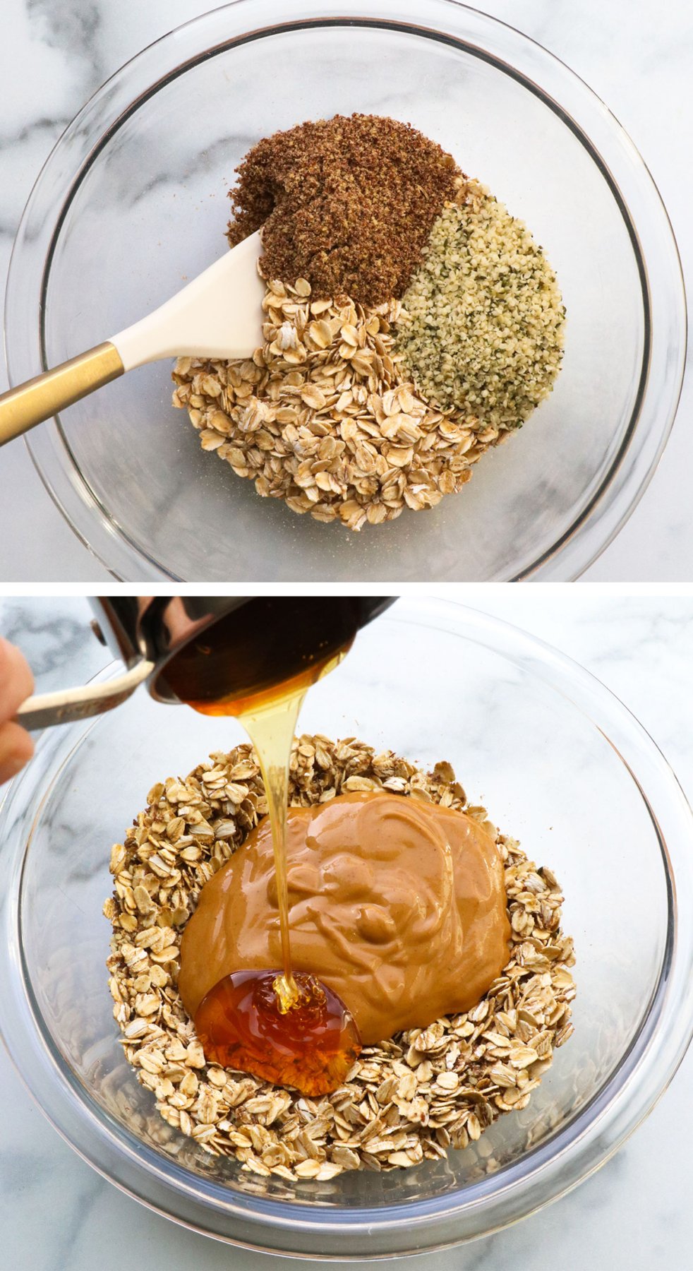 dry ingredients in a glass bowl with peanut butter and honey added in. 