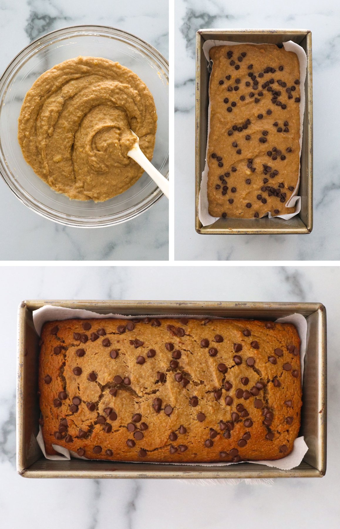 batter mixed in glass bowl and poured into loaf pan, then baked to show cracks.