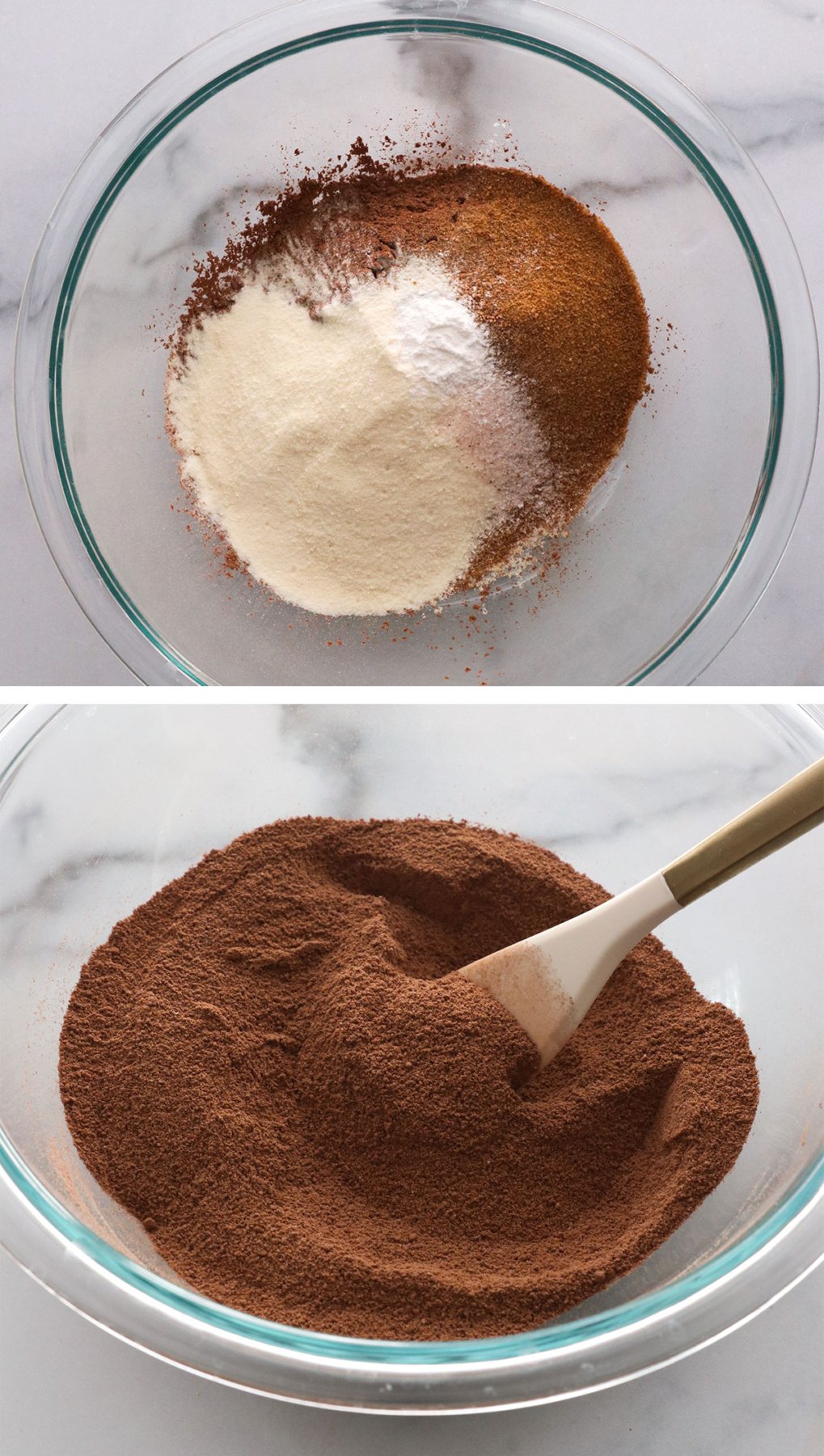 dry ingredients for protein brownies mixed in a glass bowl.