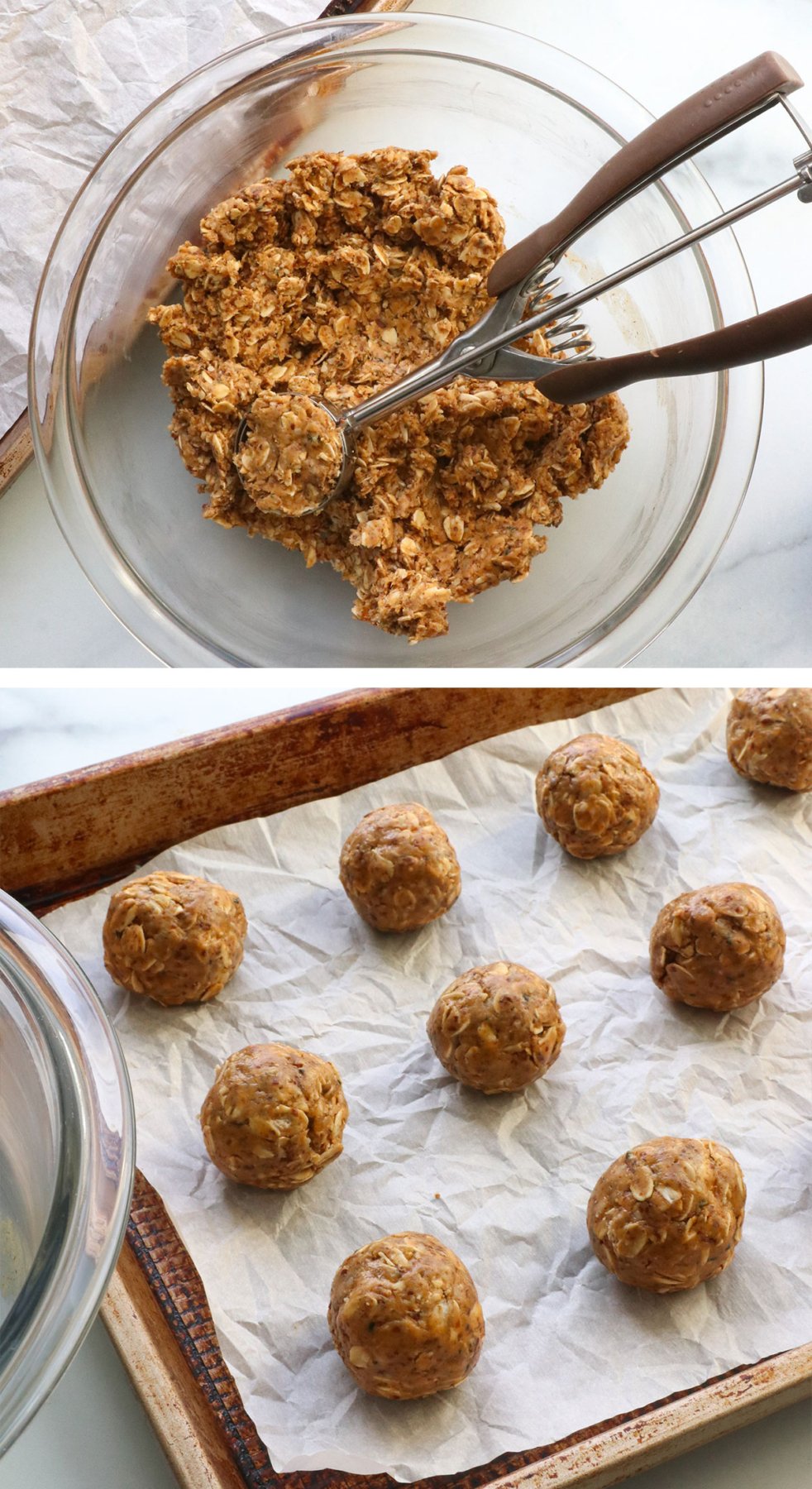 protein ball dough in a bowl and rolled on a parchment lined baking sheet.