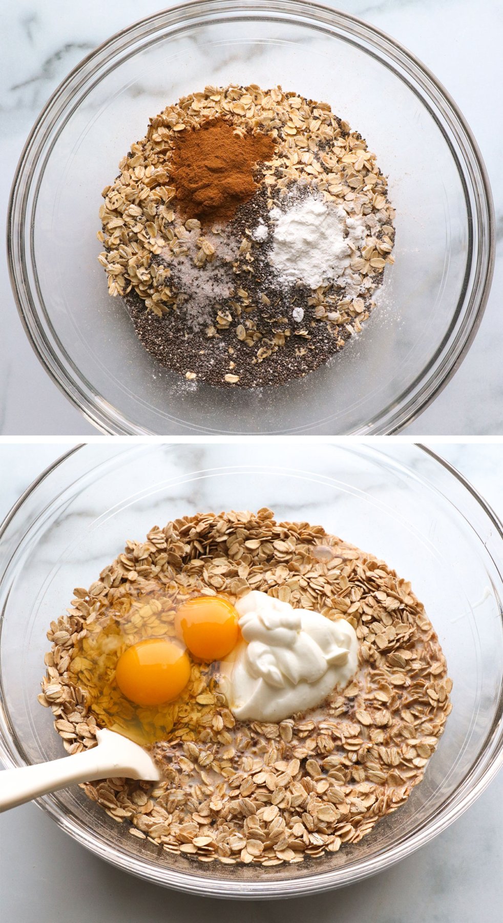 dry ingredients added to a bowl, with eggs and yogurt added in.