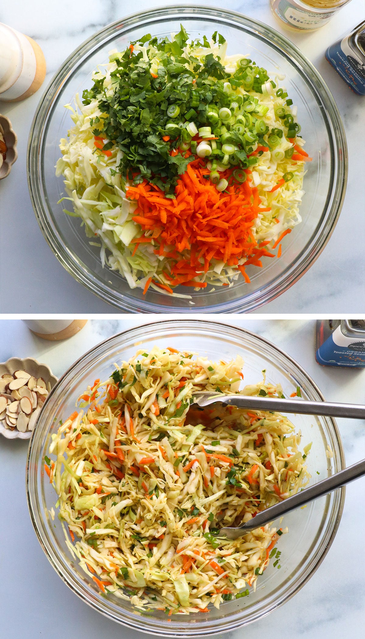 shredded veggiegs tossed with dressing in a large glass bowl.