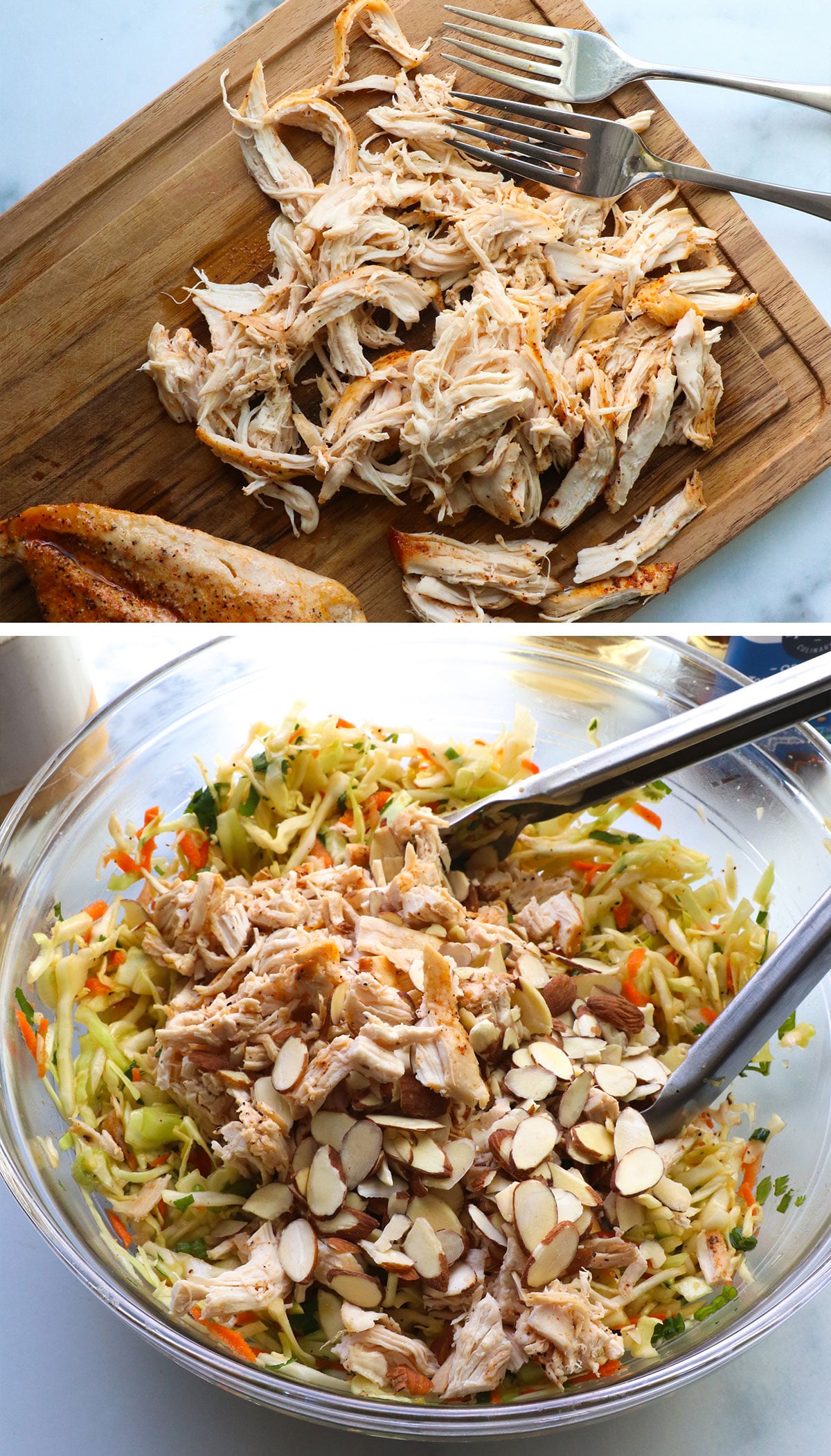 shredded chicken and sliced almonds added to salad.