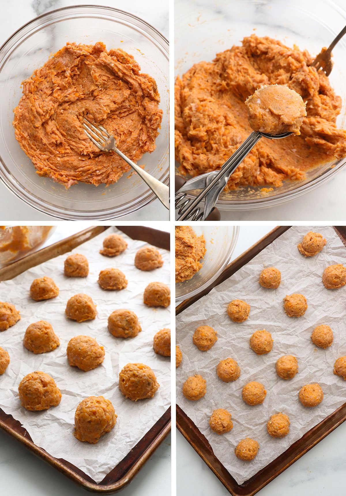 turkey meatballs on a baking sheet. 