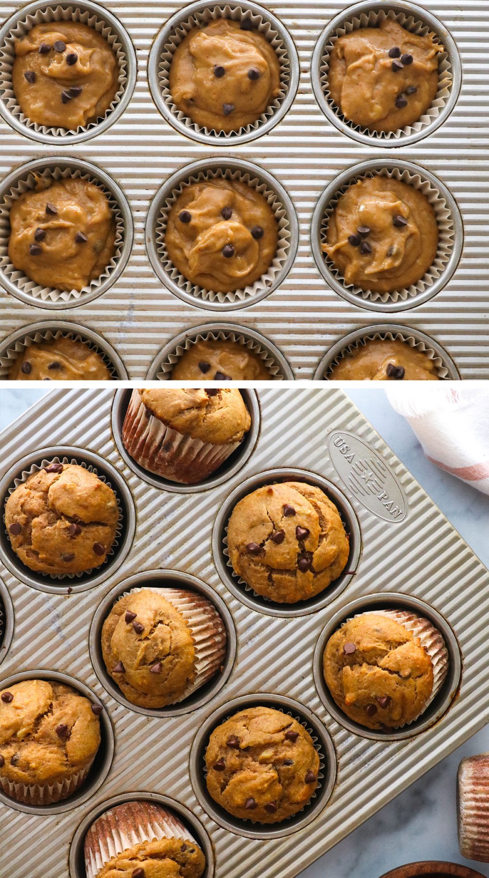 protein banana muffins before and after baking in a muffin tin.