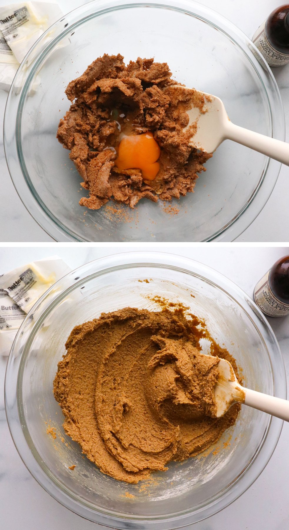 wet ingredients in a bowl with flour mixed in until smooth to make cookie dough.