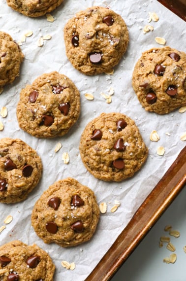 gluten-free oatmeal cookies on a baking sheet.