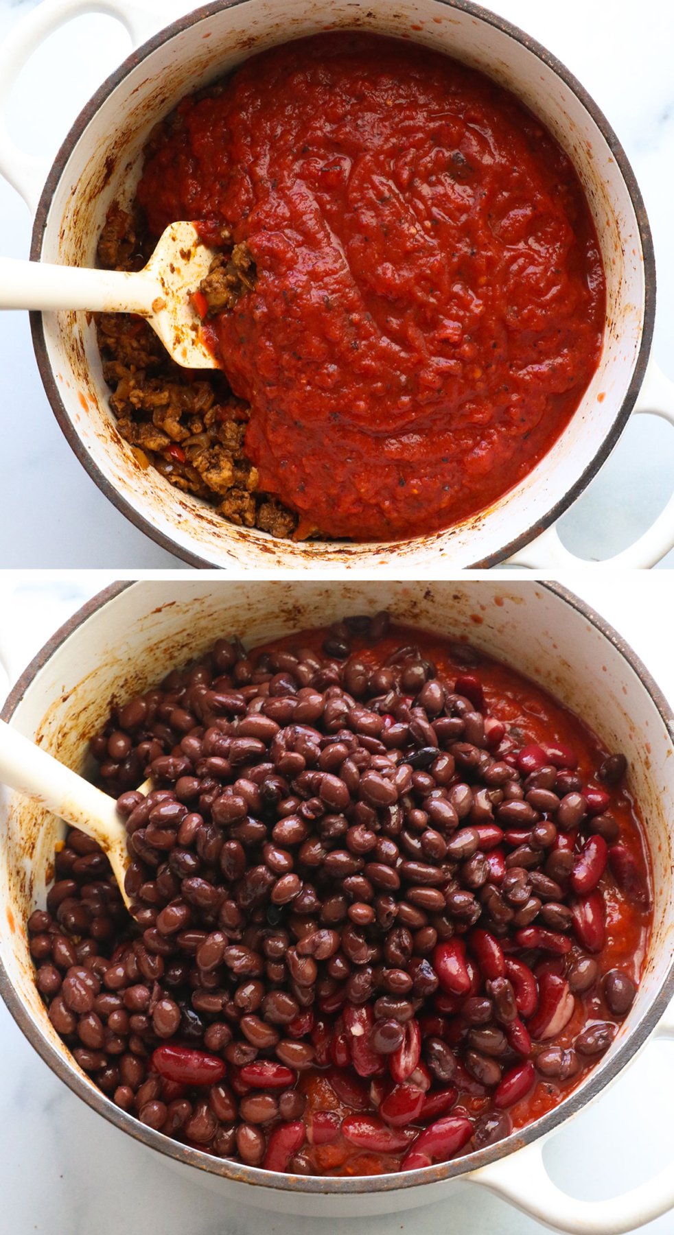 crushed tomatoes and beans added to chili pot.