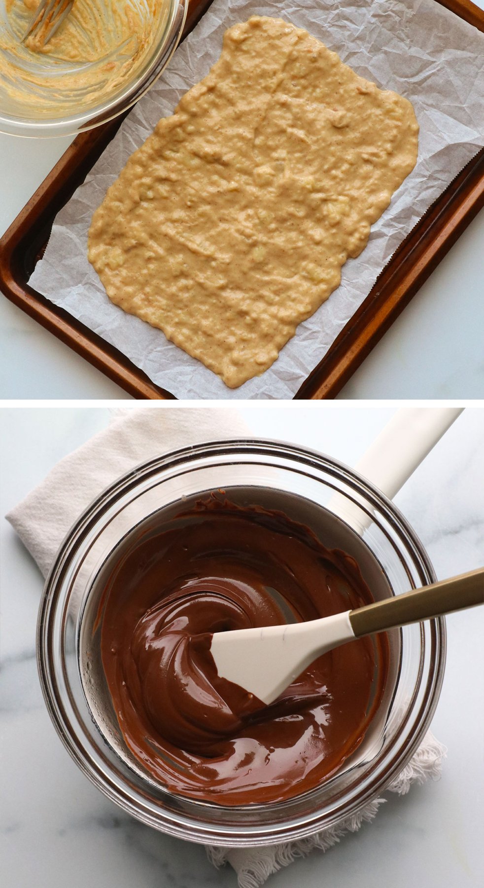 mashed banana on parchment paper with melted chocolate.