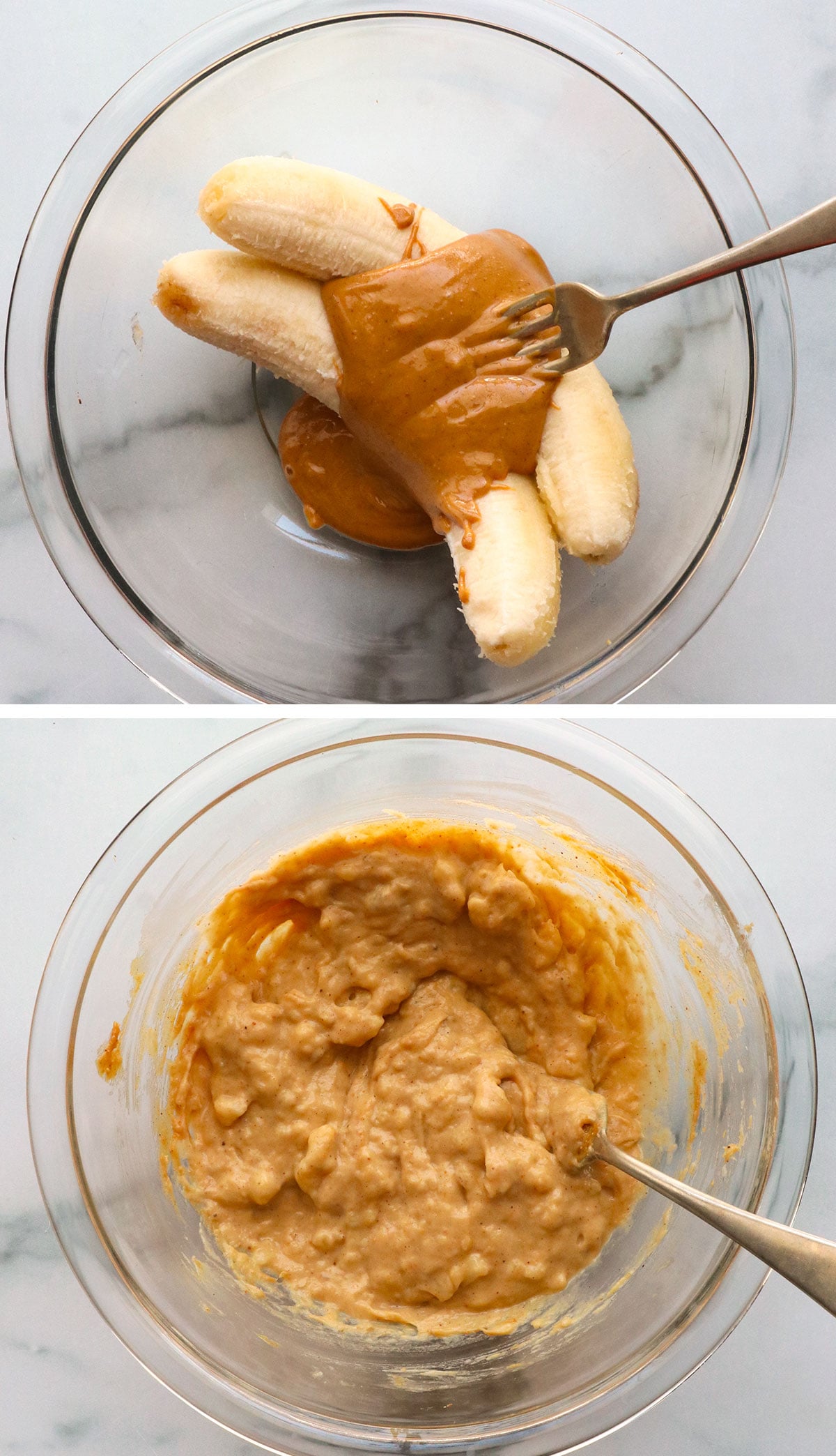 bananas mashed in a bowl with peanut butter.