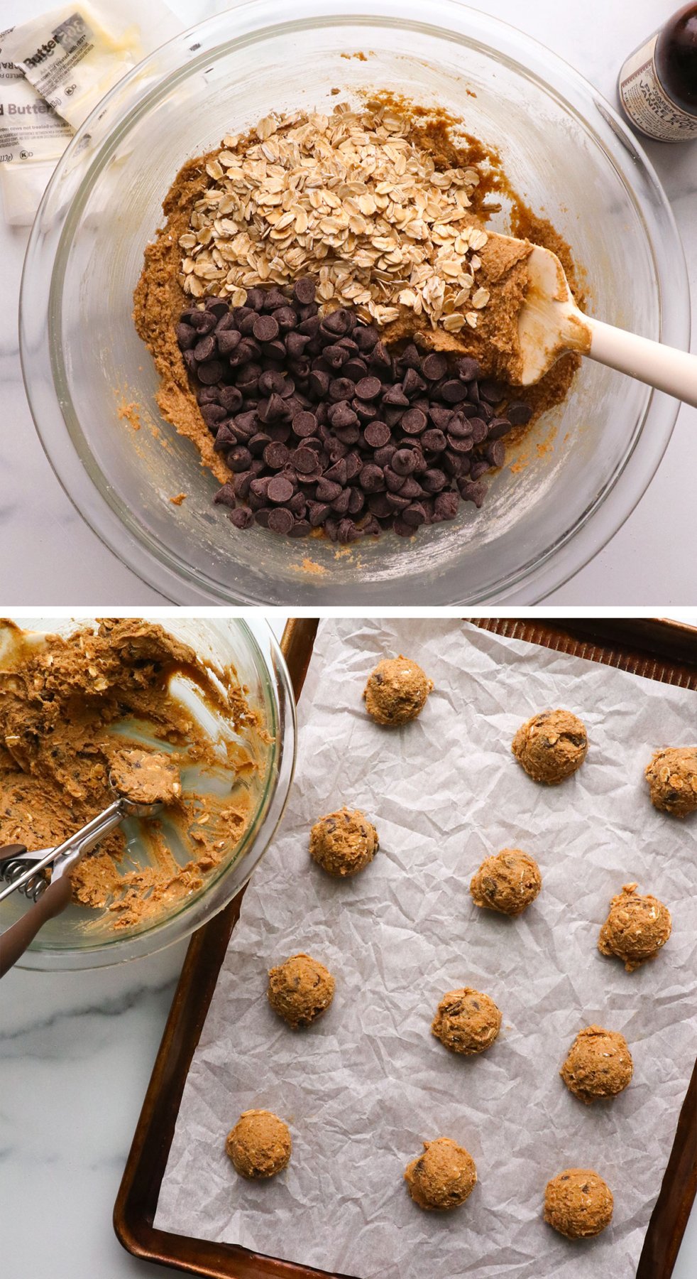 oats stirred into cookie dough and balls placed on a cookie sheet.