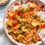 homemade panang curry served with white rice.