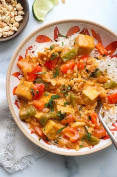 homemade panang curry served with white rice.