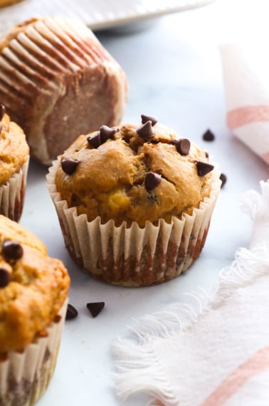 protein banana muffin topped with chocolate chips.