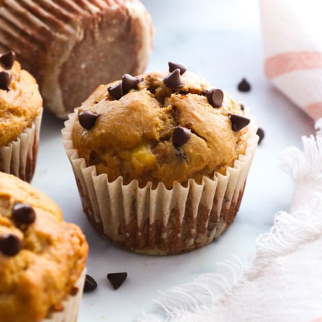 protein banana muffin topped with chocolate chips.