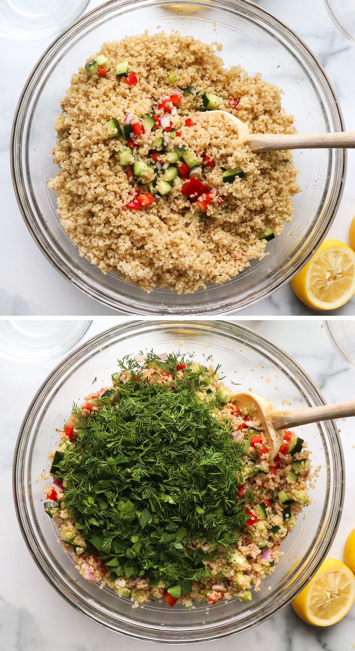 quinoa and herbs added to the salad bowl.