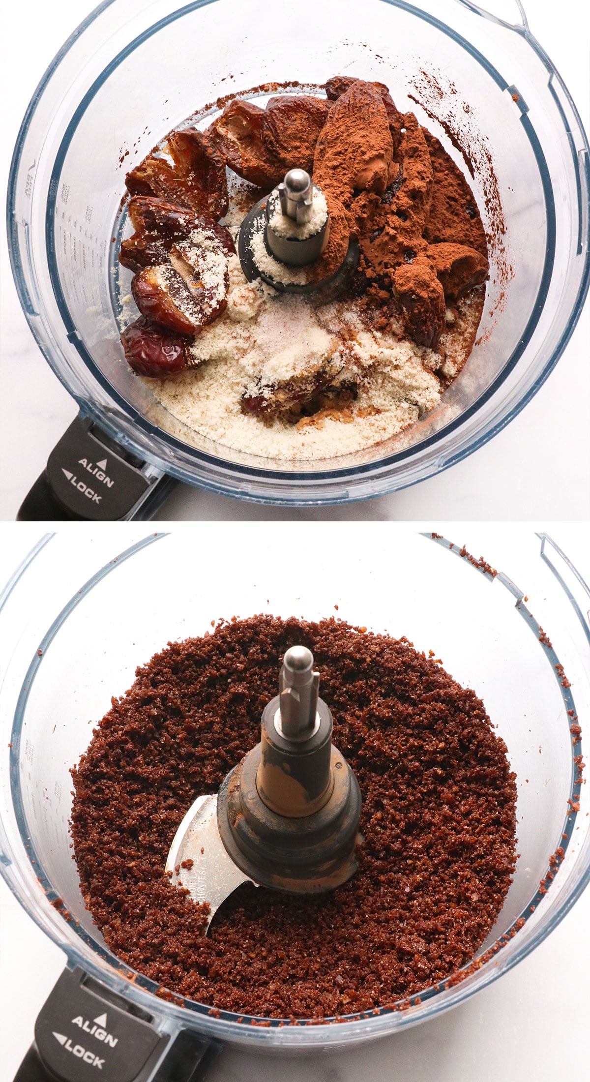 dates, cocoa powder, and almond flour blended in a food processor.