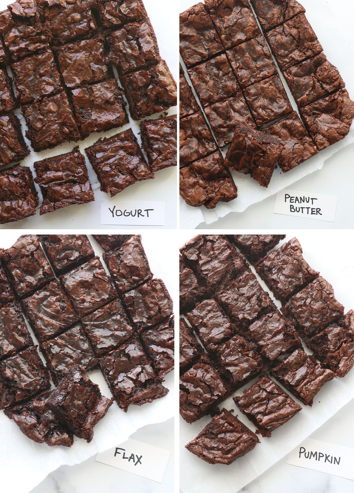 brownies with egg substitutes labeled on a white surface.