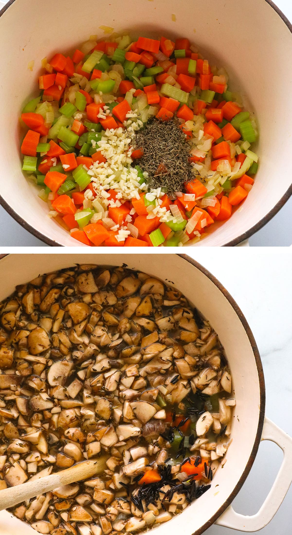 aromatics in soup pot plus mushrooms and water.