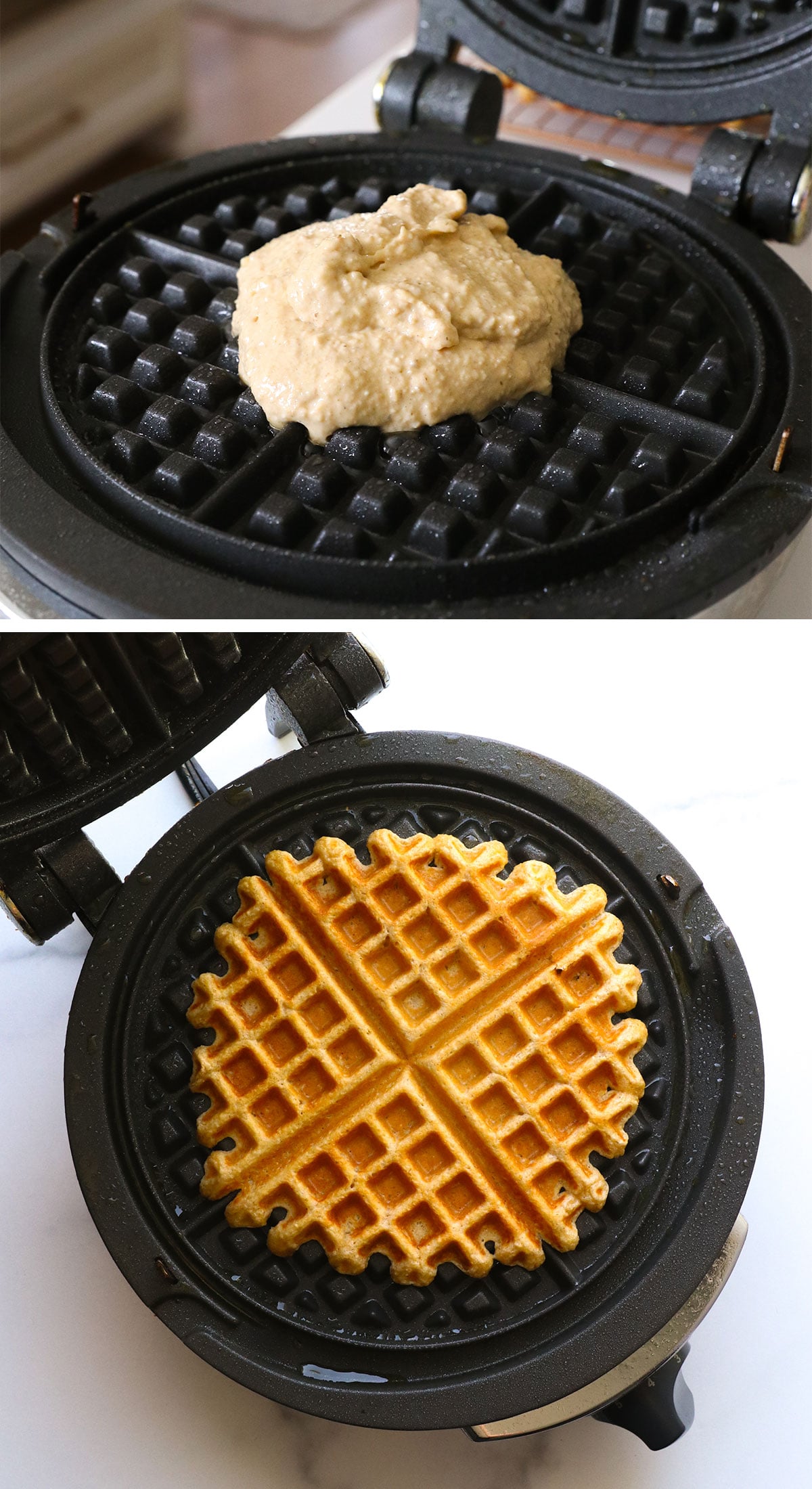 cottage cheese waffle batter before and after cooking in a waffle iron.