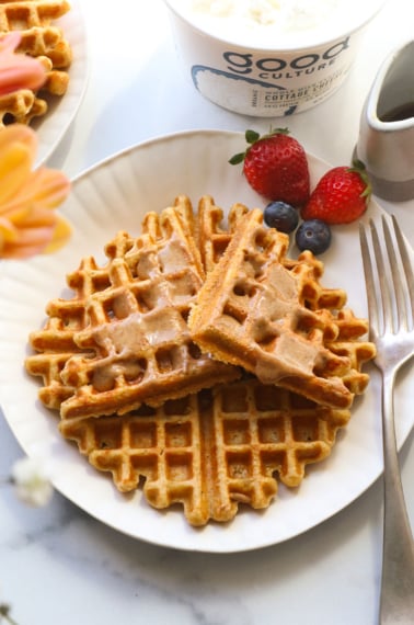 cottage cheese waffles topped with peanut butter.