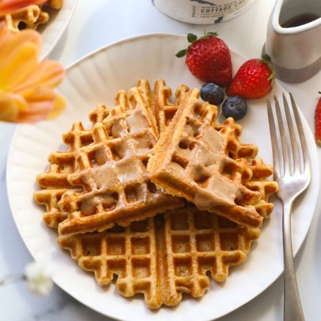 cottage cheese waffles topped with peanut butter.