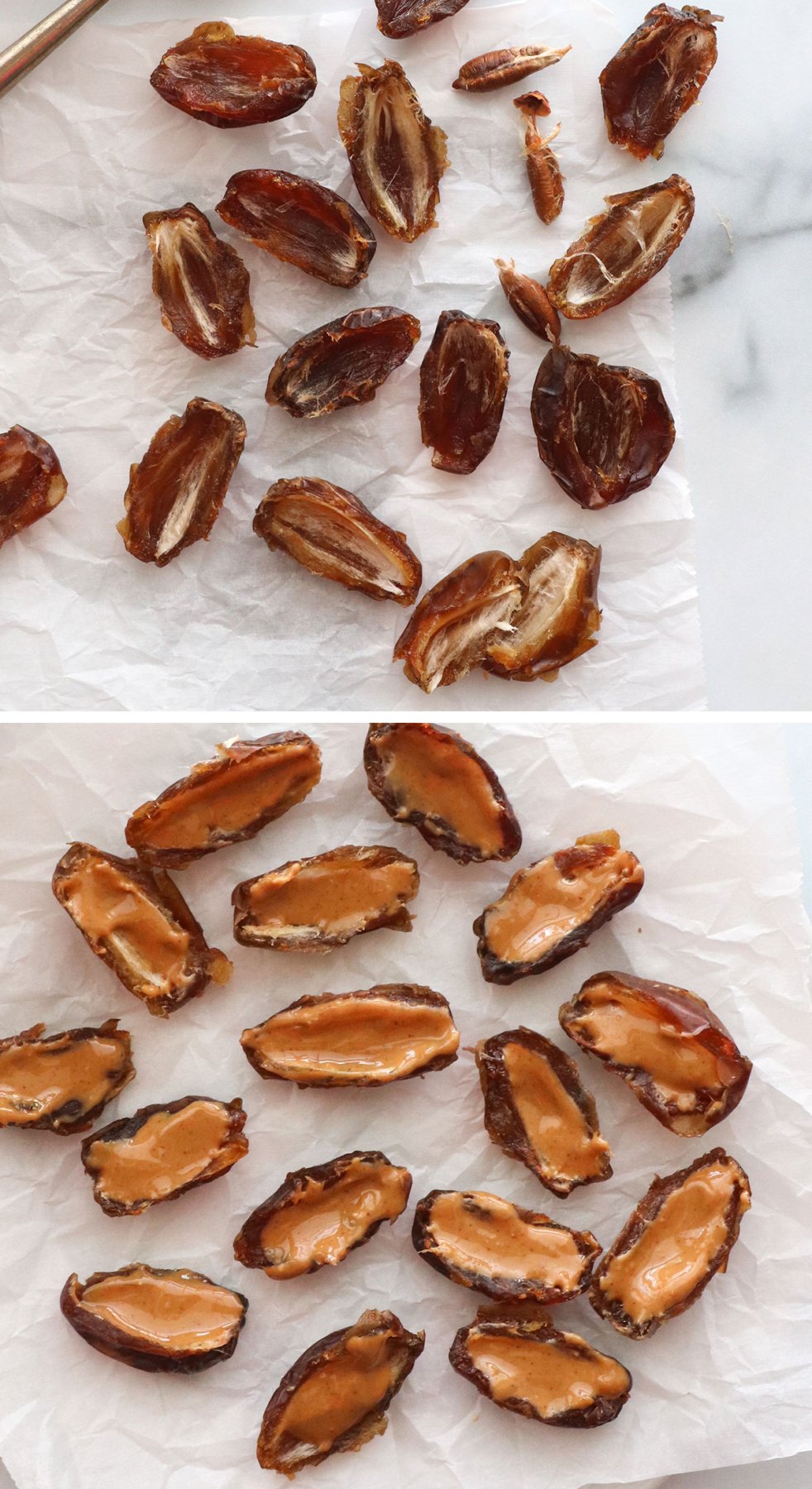 dates split in half and spread with peanut butter.