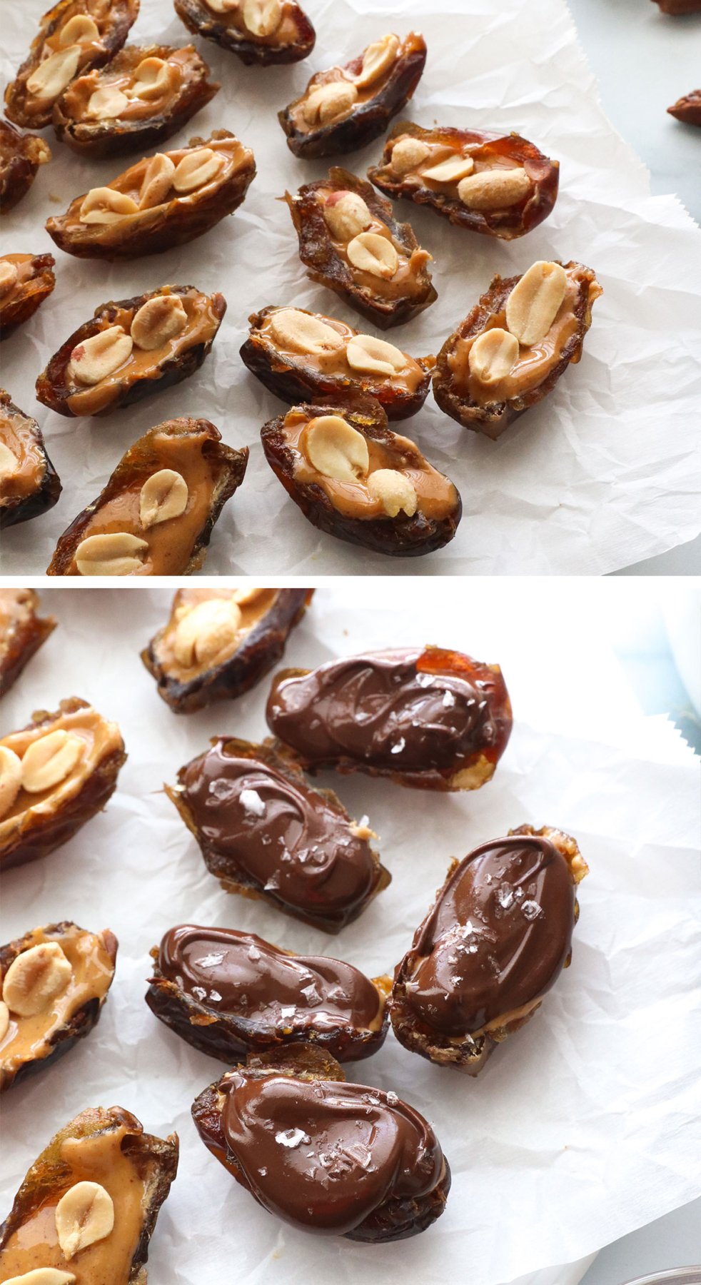 peanuts added to dates and topped with melted chocolate.