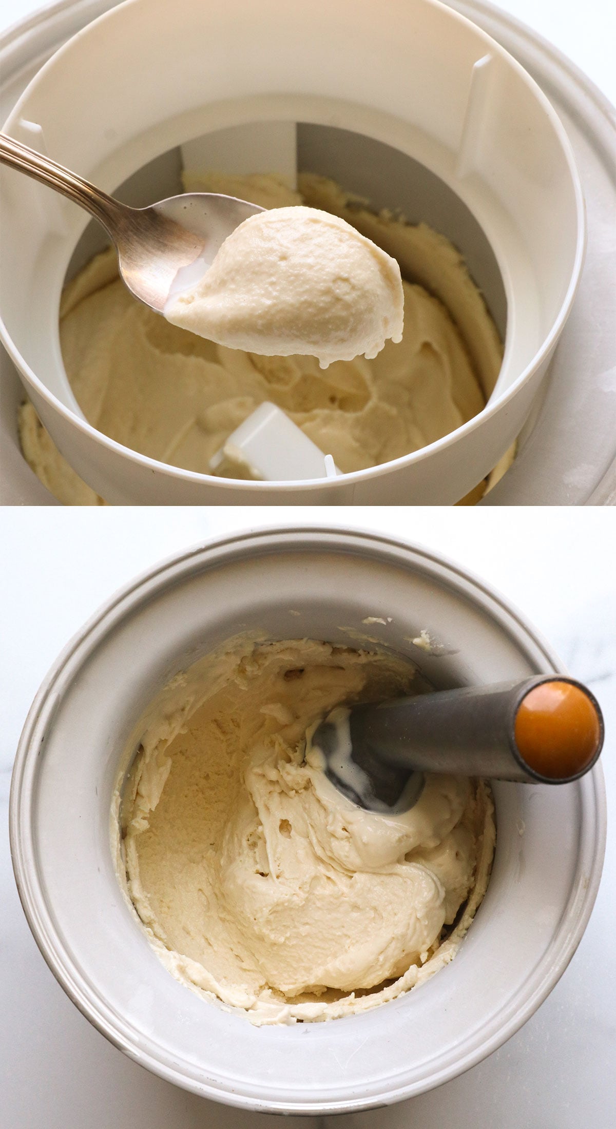 finished cottage cheese ice cream on a spoon.
