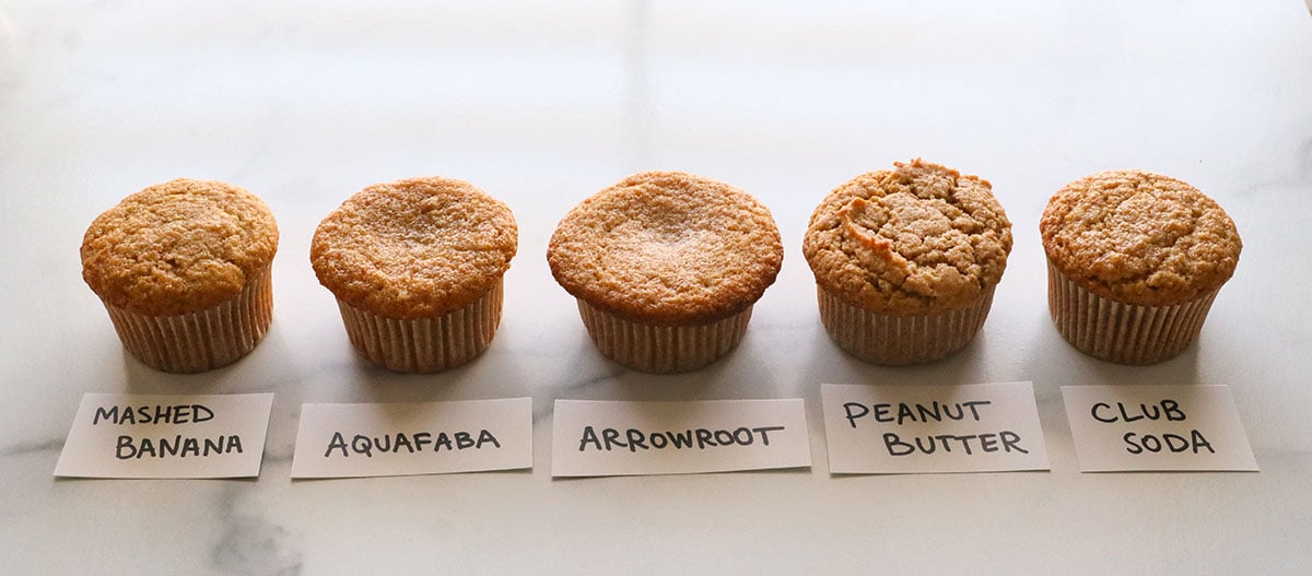 5 muffins labeled by which egg substitute they use.