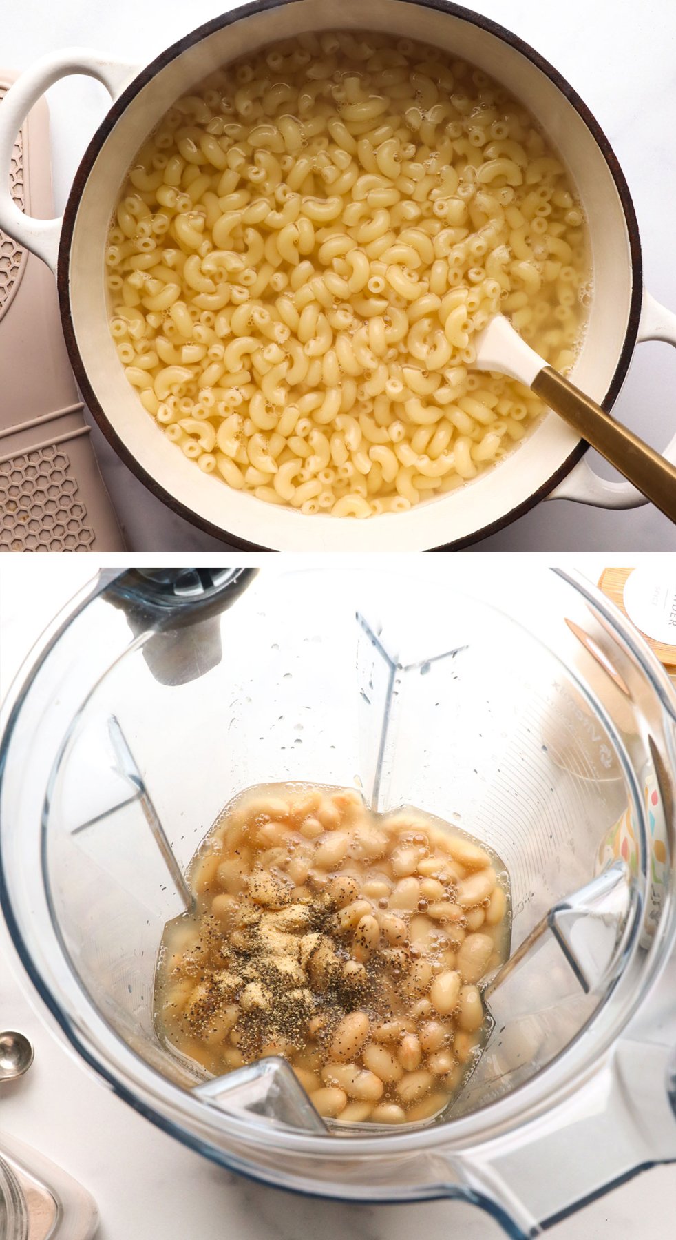 pasta cooked in a white pot and bean sauce added to blender.