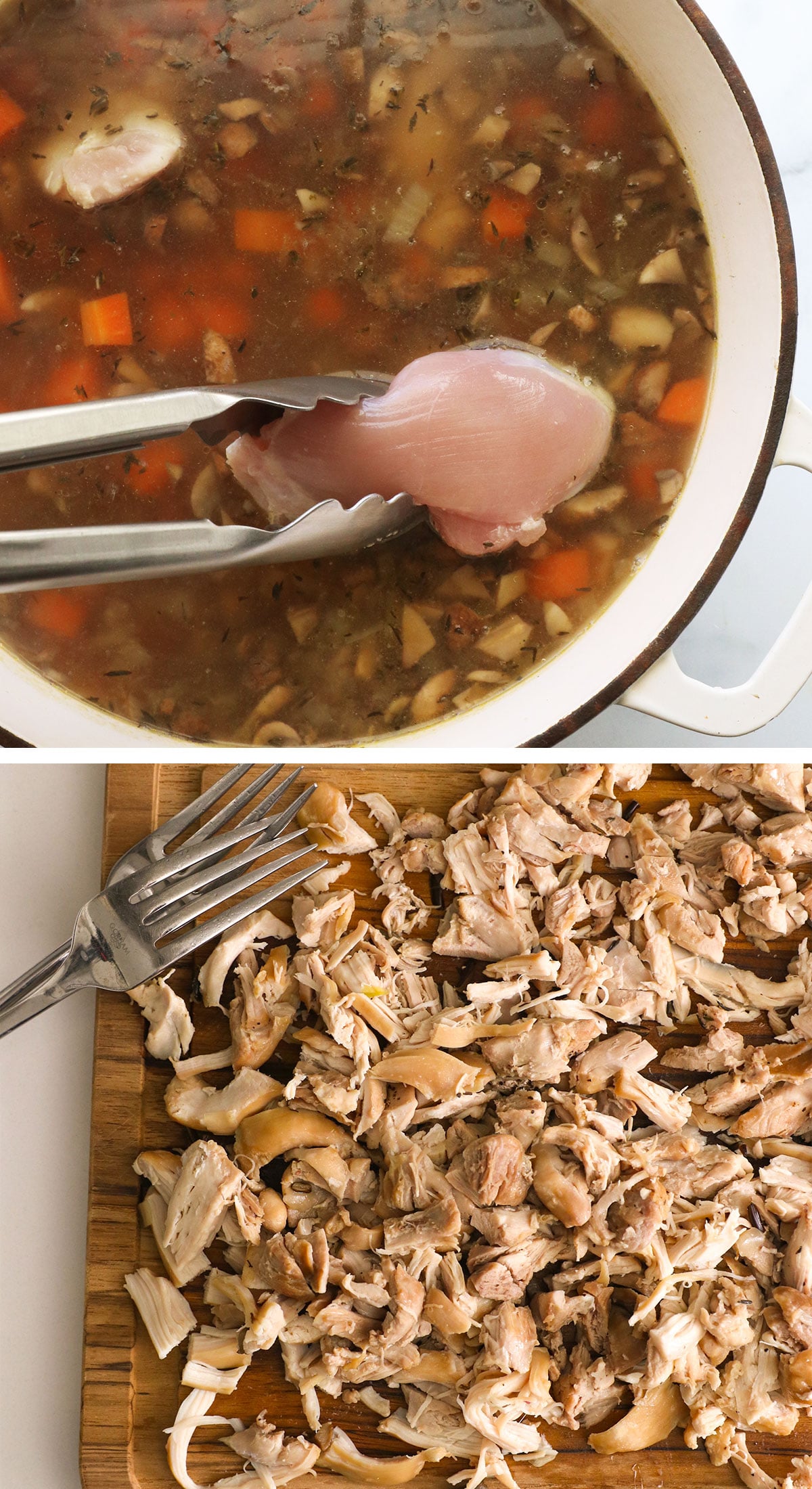chicken thighs added to soup and shredded on a cutting board.