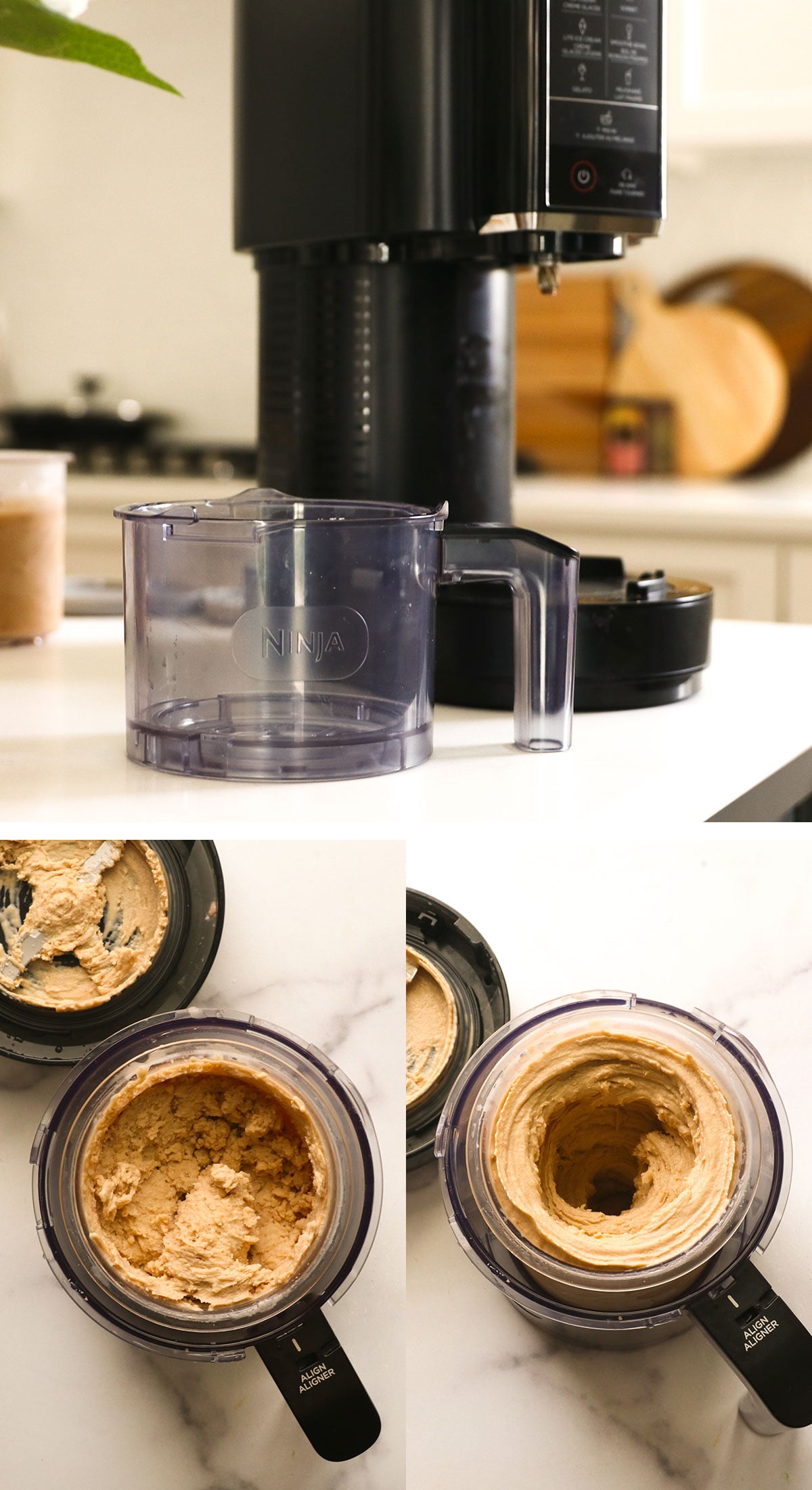 ninja creami outer container with ice cream blended inside.