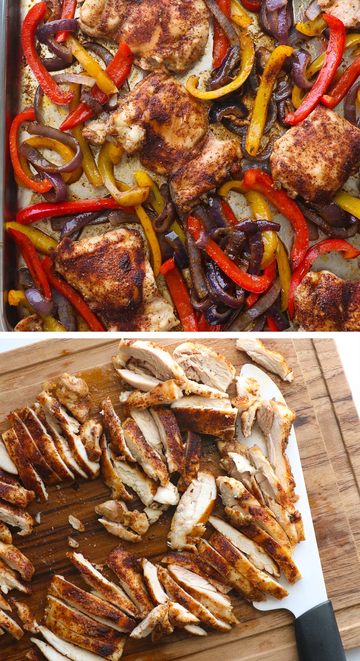 baked chicken fajitas on pan and sliced on a cutting board.