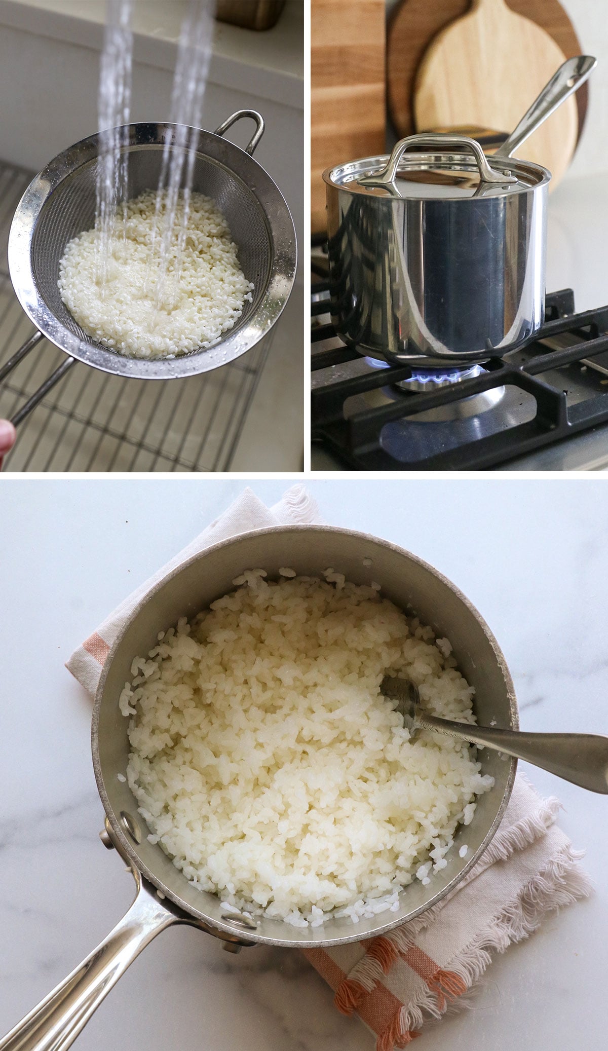 sushi rice rinsed and cooked in a small saucepan.