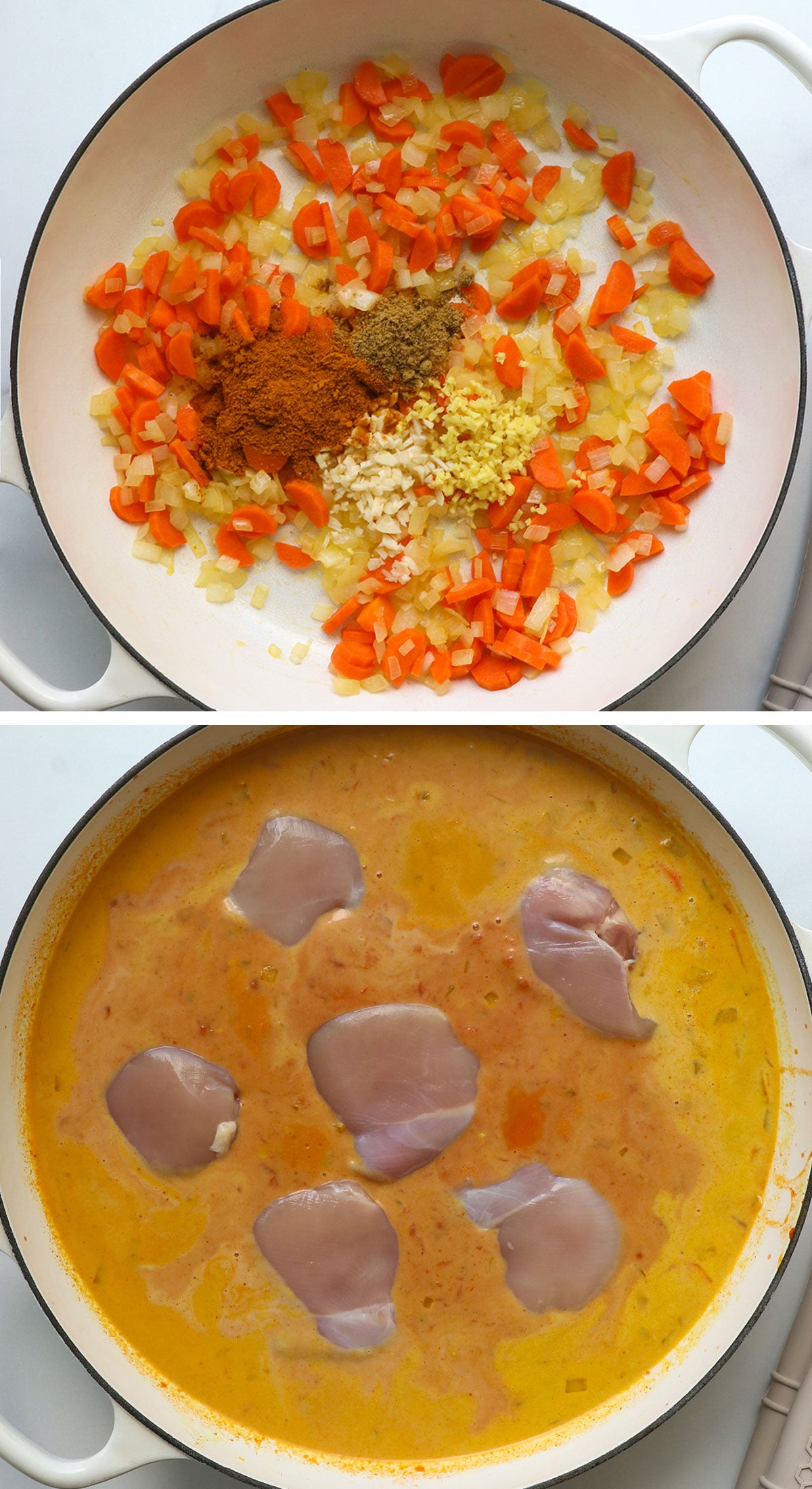 carrot and onion sauteed with spices and chicken added to sauce.