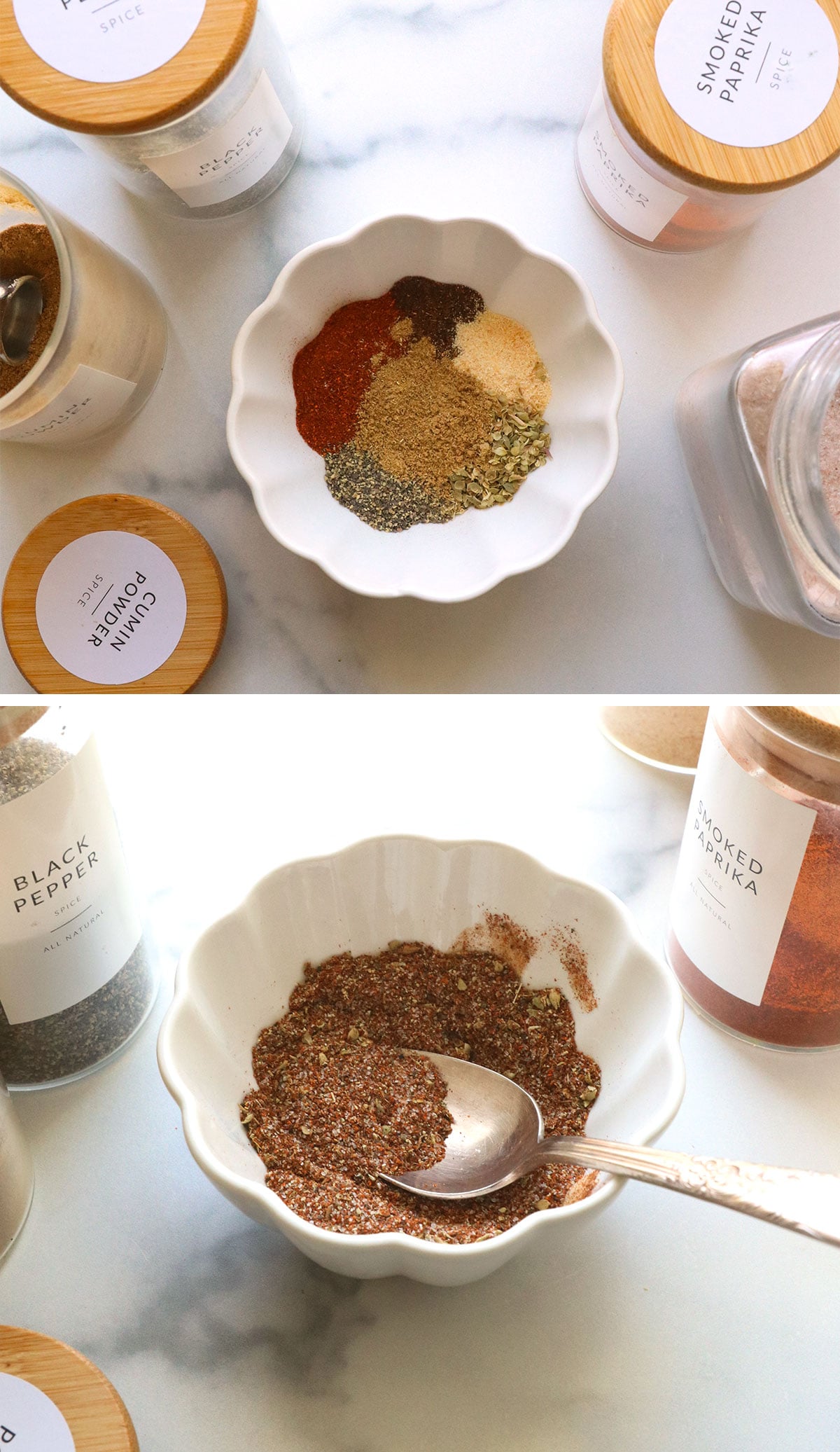 homemade fajita seasoning mixed in a white bowl.