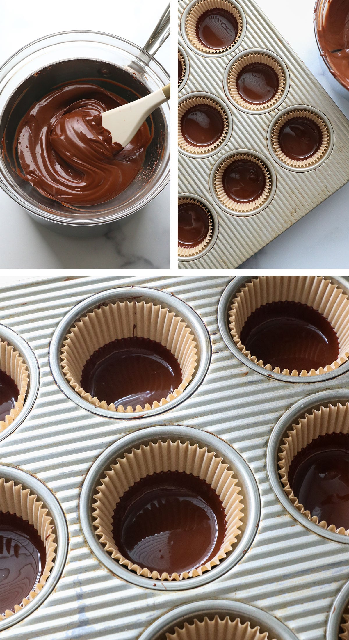 melted chocolate added to muffin liners in a pan.