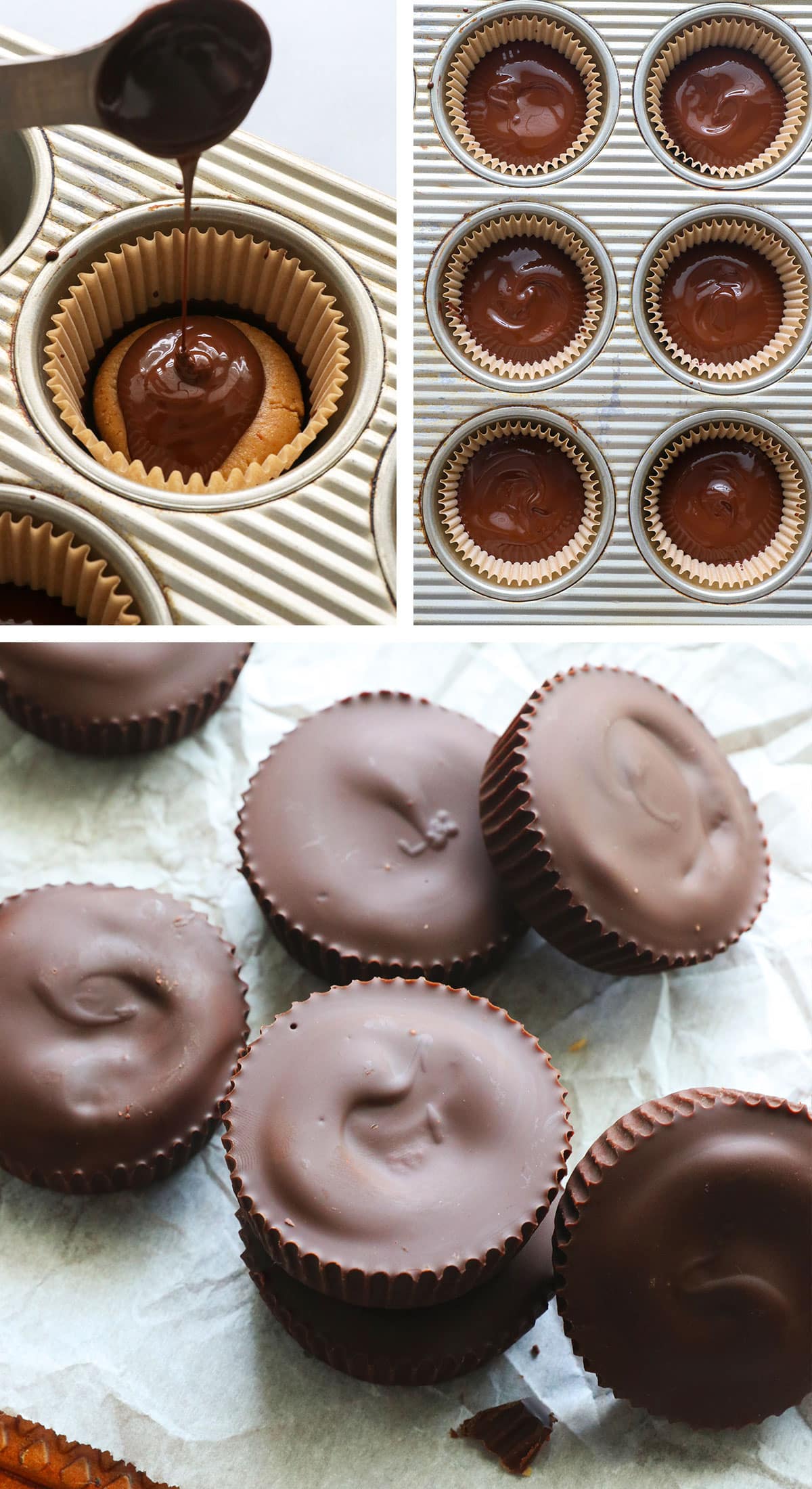 melted chocolate added to muffin cups and chilled until firm for peanut butter cups.