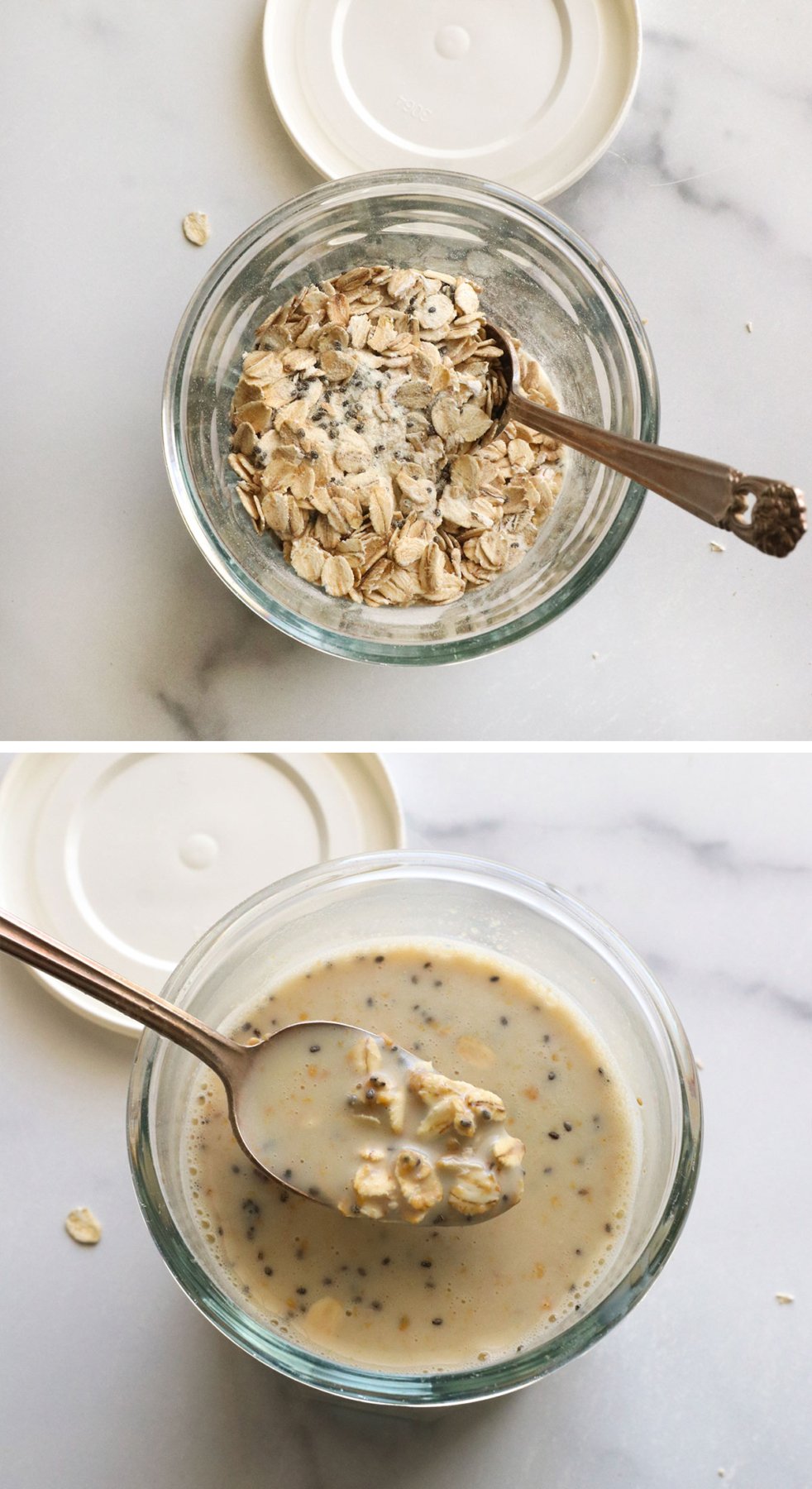Milk and oats are stirred together in a glass jar.