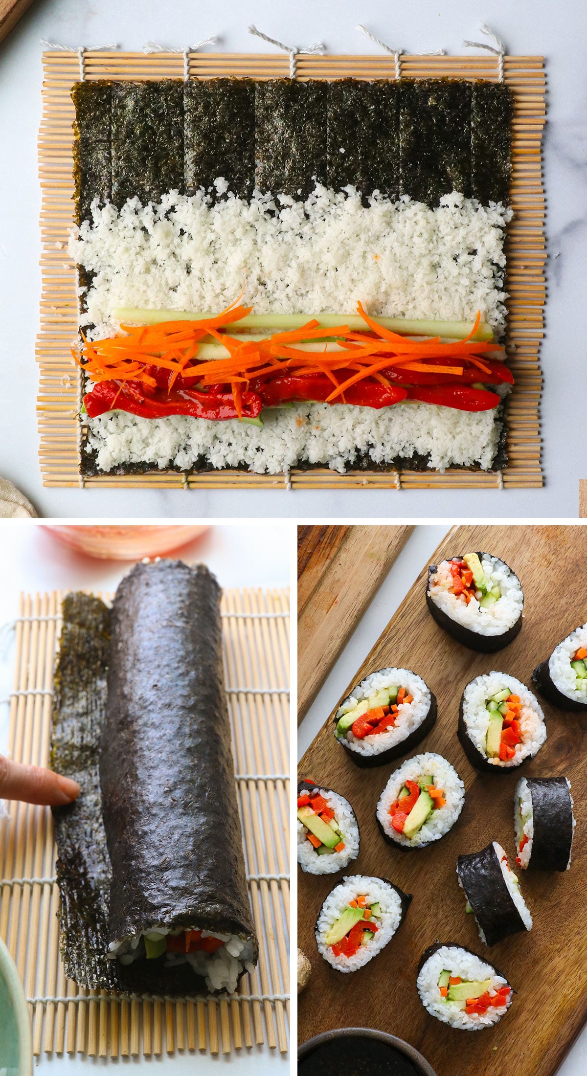 vegetables added to nori on a bamboo sushi mat.