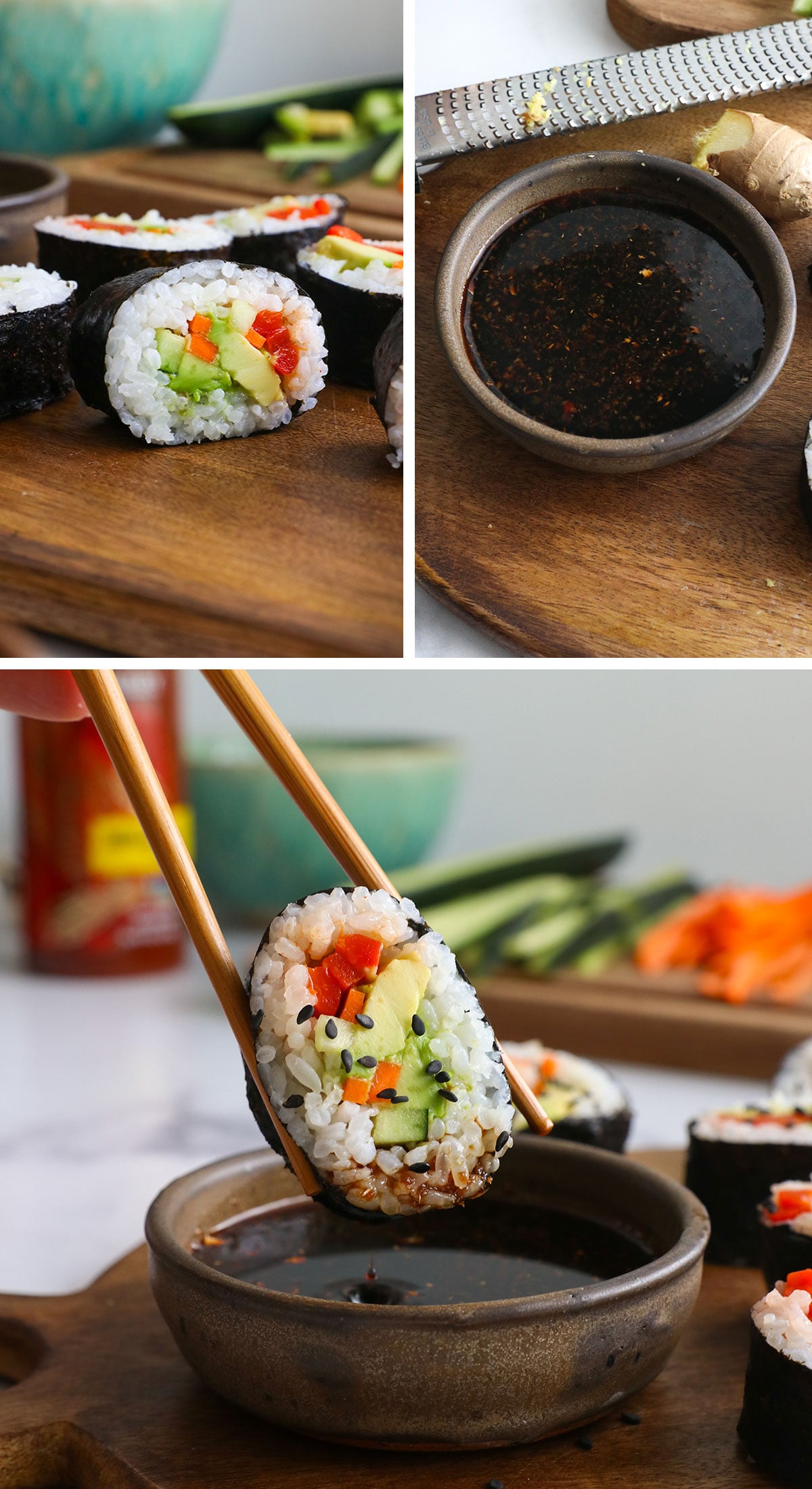 sushi slice on a cutting board and dipped into tamari sauce.