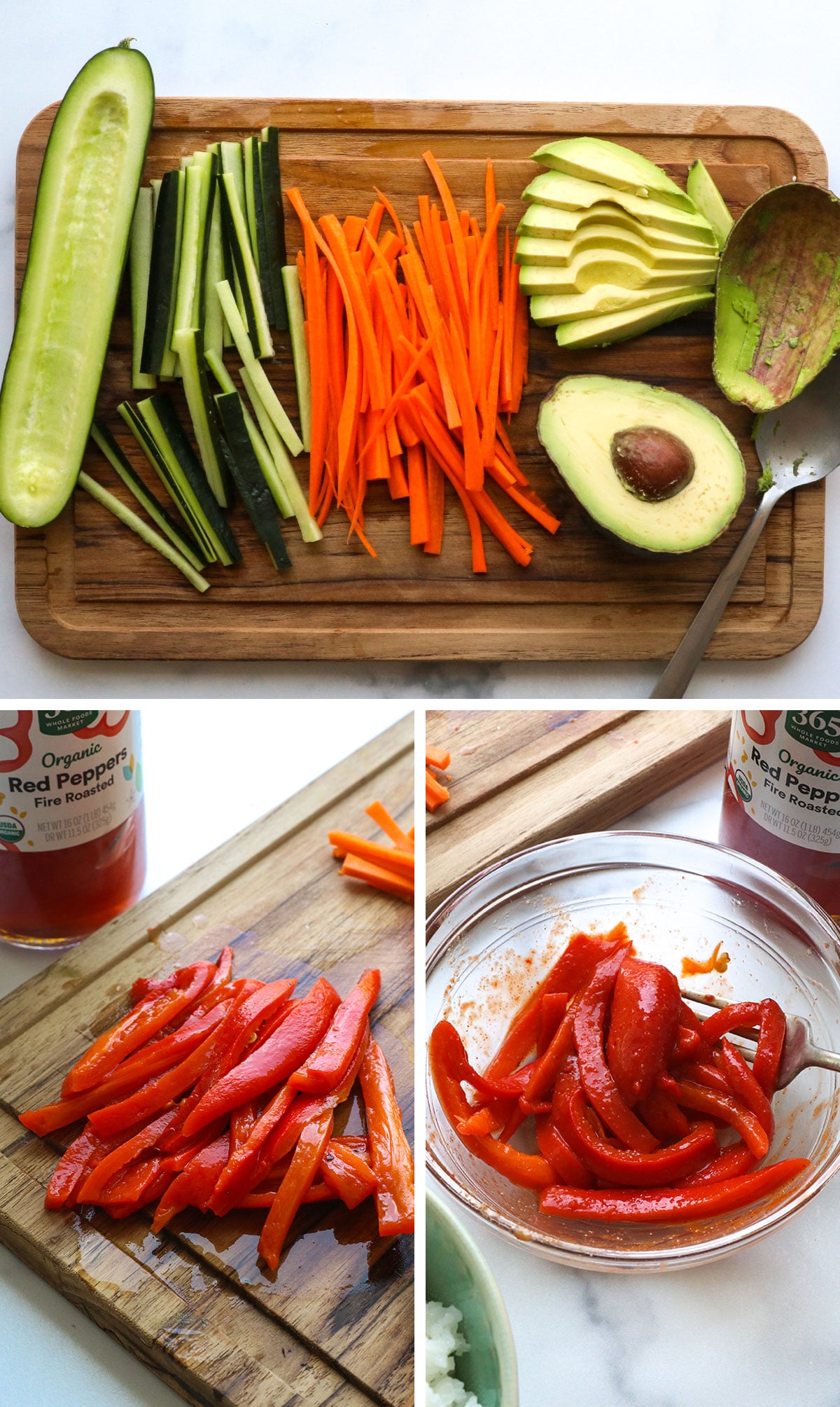 veggies thinly sliced and roasted red peppers in a bowl with sriracha.