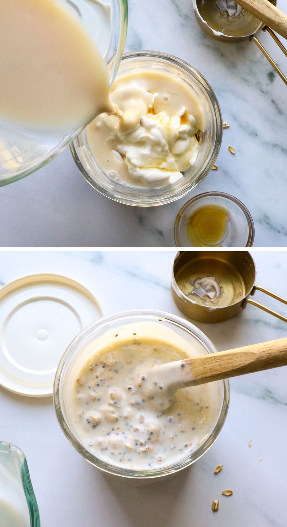 yogurt, milk and oats mixed in a glass jar. 
