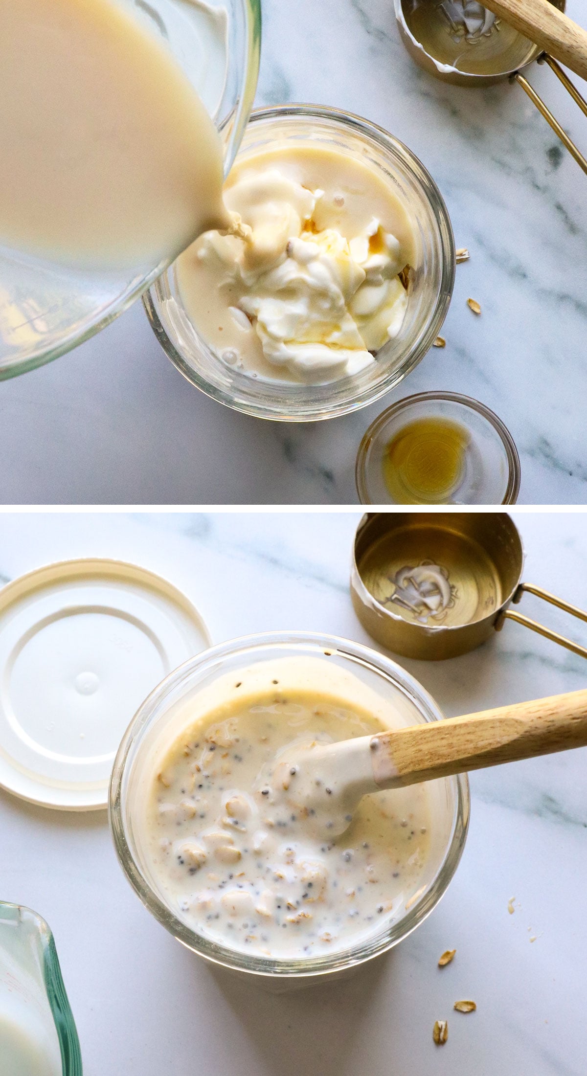 yogurt, milk and oats mixed in a glass jar.
