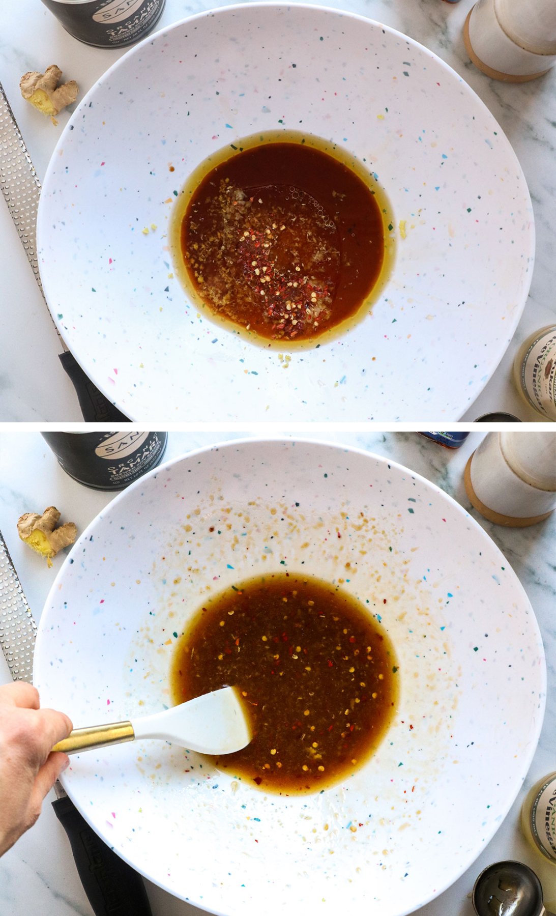 dressing mixed in a bowl for Asian Slaw recipe.