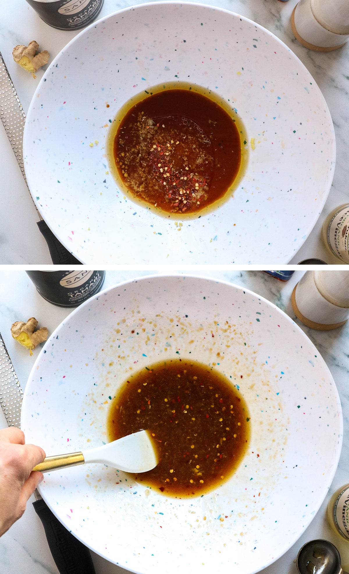 dressing mixed in a bowl for Asian Slaw recipe.