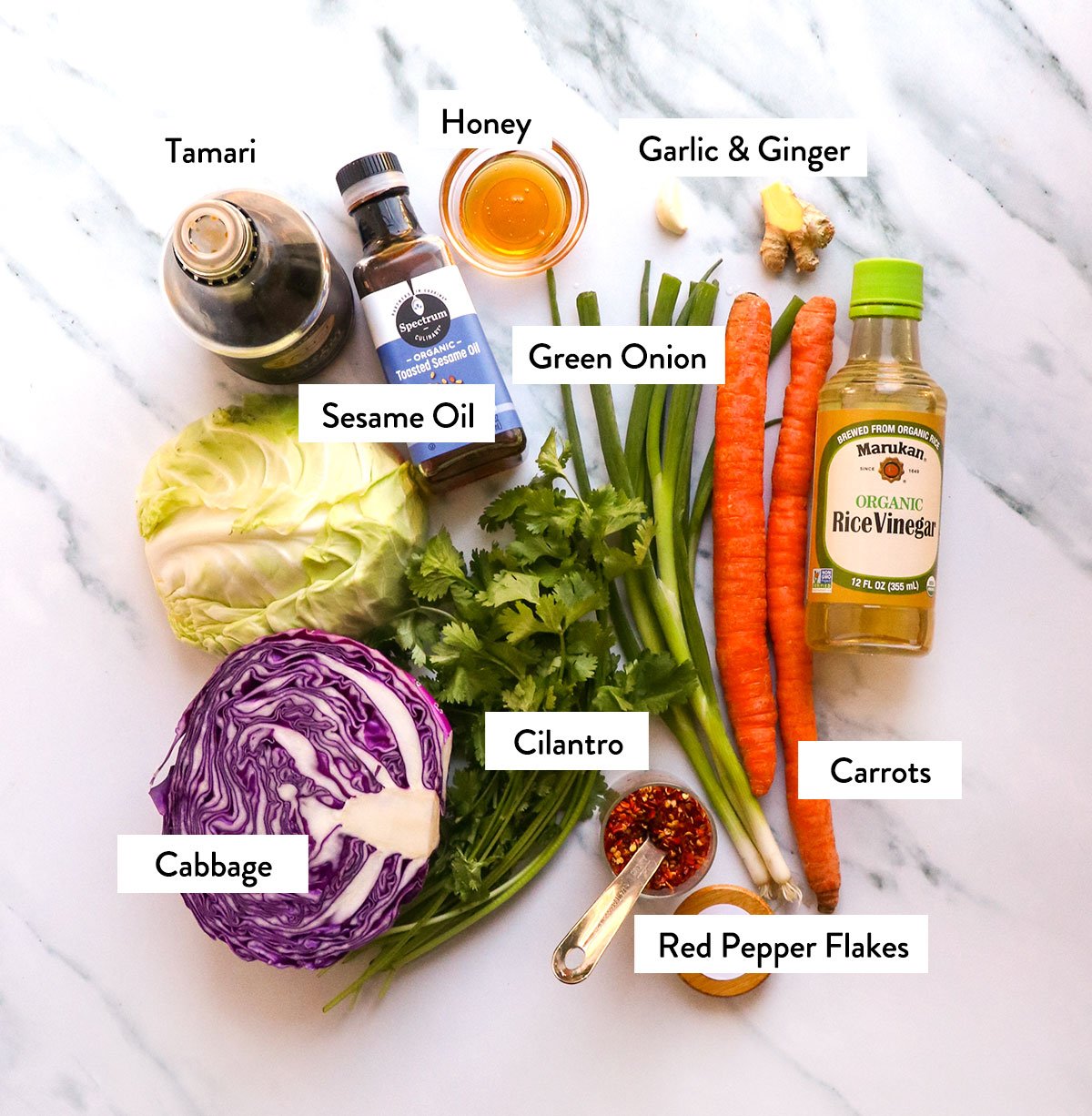 cabbage, carrot, green onion, cilantro, honey, vinegar, and tamari labeled on a white surface.