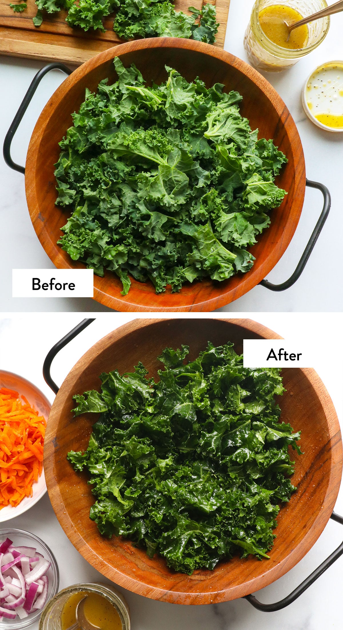 kale salad before and after massaging it with dressing.
